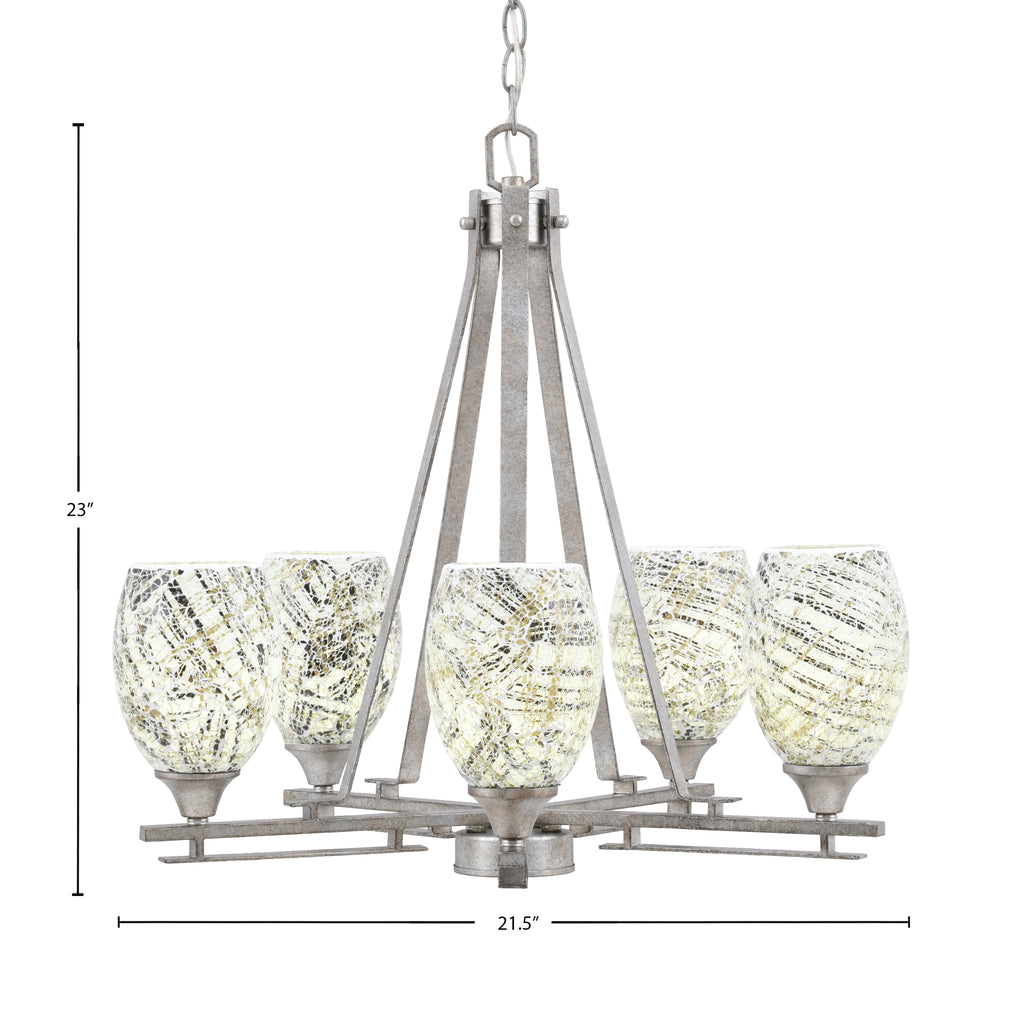 Uptowne Five Light Chandelier in Aged Silver with 5" Natural Fusion Shade