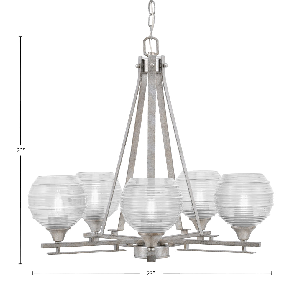 Uptowne Five Light Chandelier in Aged Silver with 6" Clear Ribbed Shade