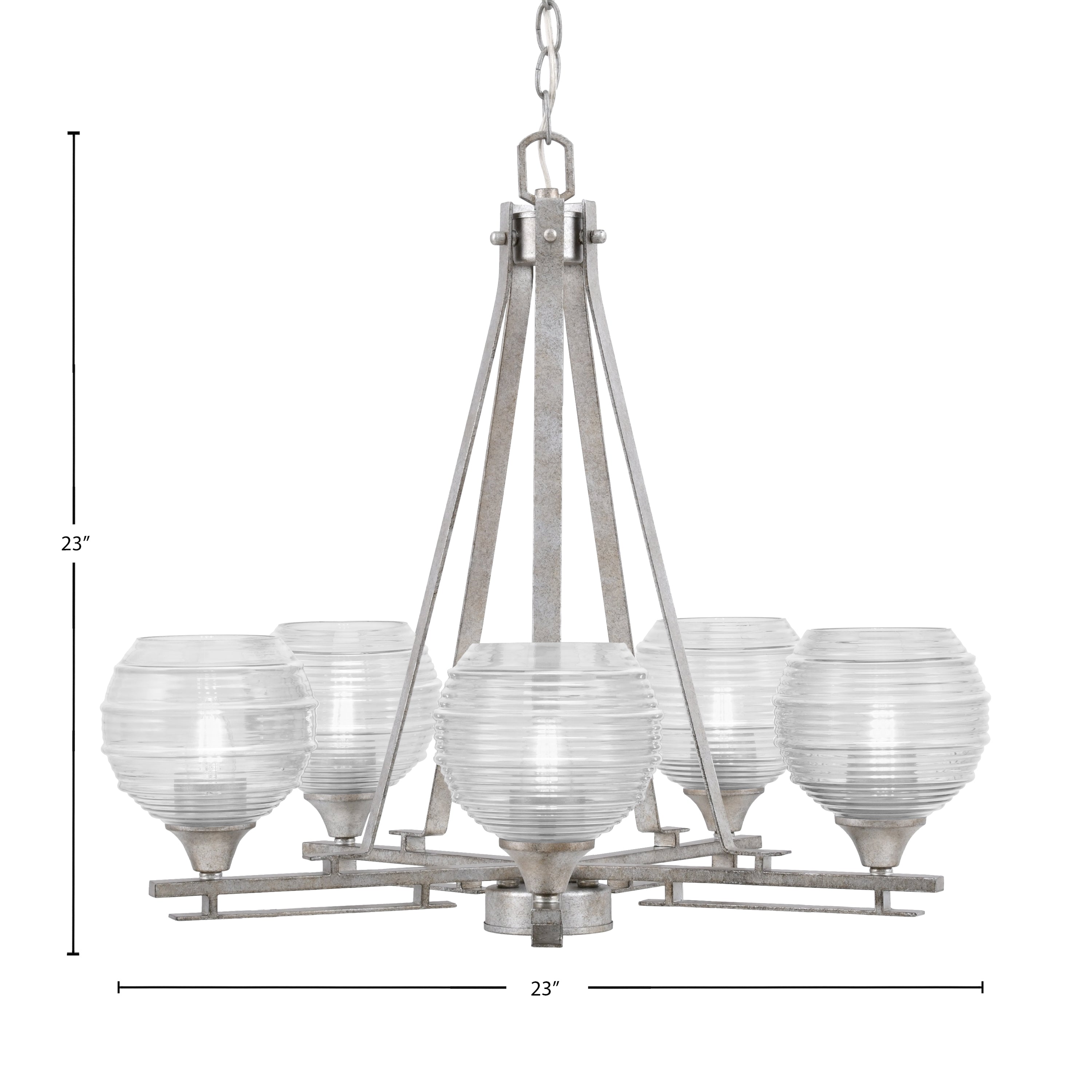 Uptowne Five Light Chandelier in Aged Silver with 6" Clear Ribbed Shade