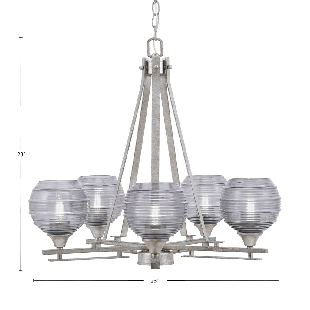 Uptowne Five Light Chandelier in Aged Silver with 6" Smoke Ribbed Shade