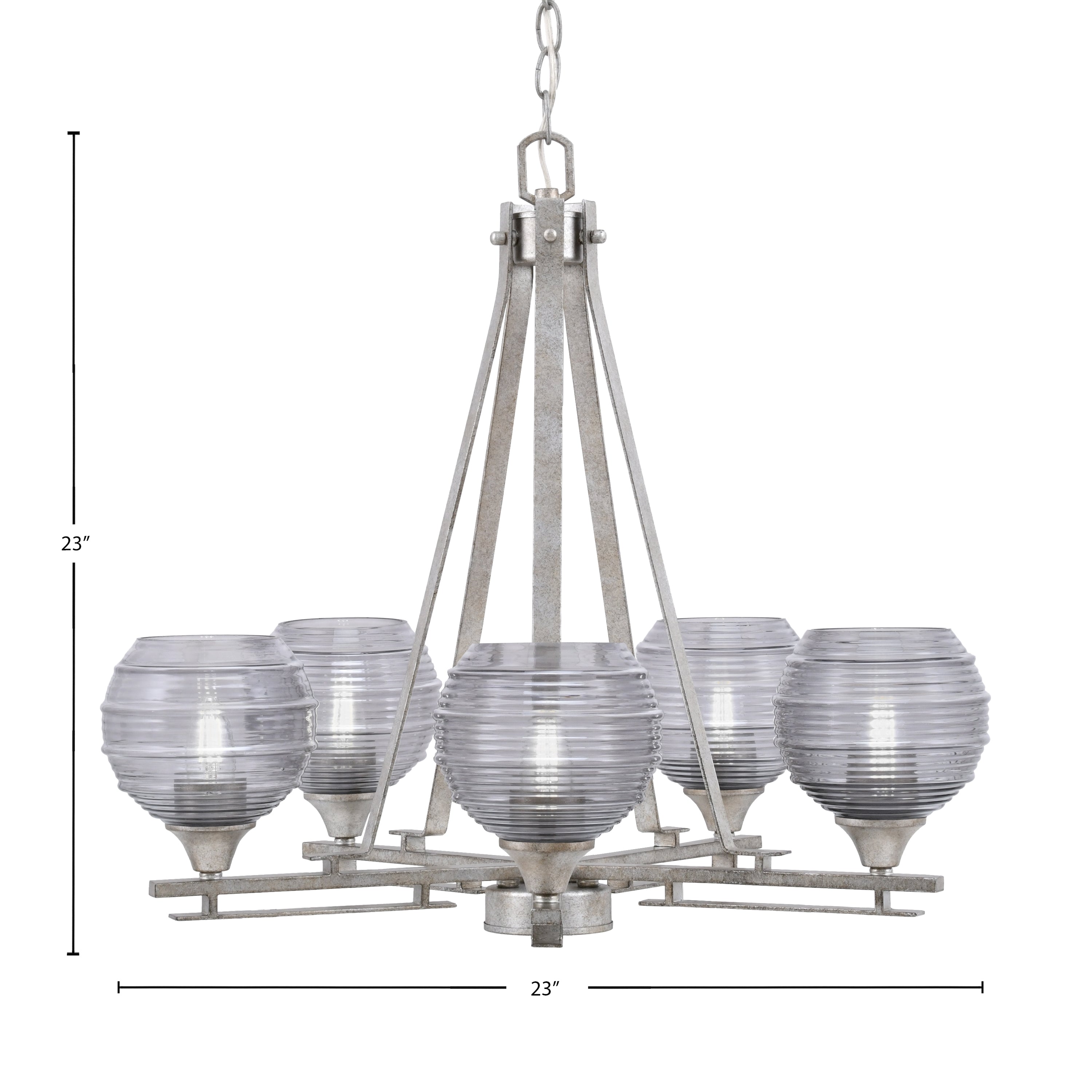 Uptowne Five Light Chandelier in Aged Silver with 6" Smoke Ribbed Shade