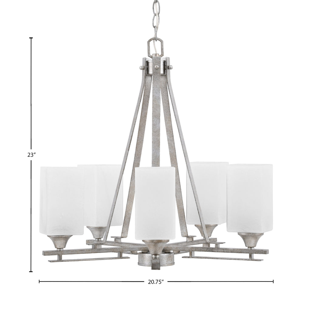 Uptowne Five Light Chandelier in Aged Silver with 3.5" Square White Marble Shade