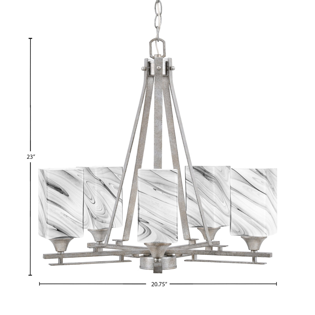 Uptowne Five Light Chandelier in Aged Silver with 3.5" Square Onyx Swirl Shade