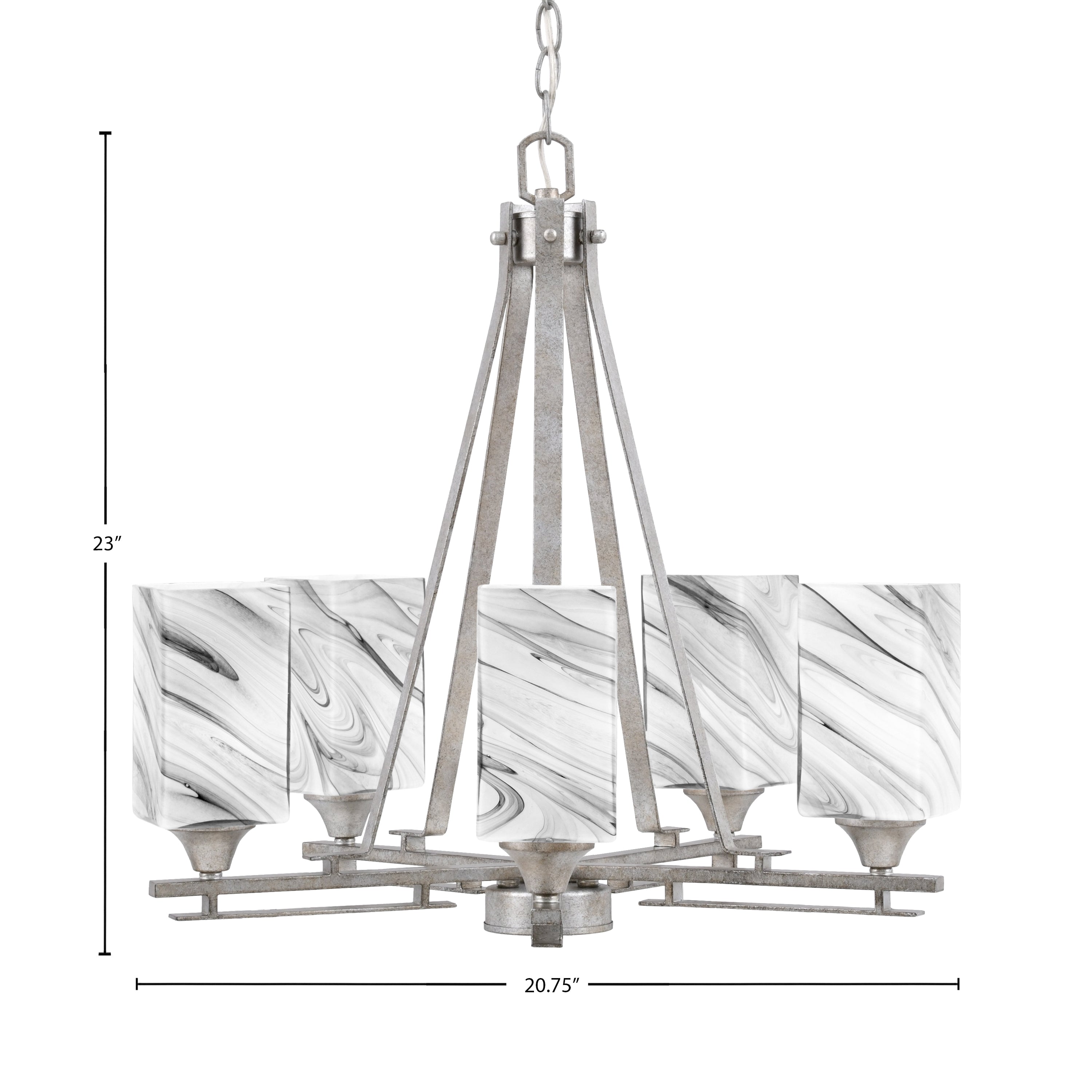 Uptowne Five Light Chandelier in Aged Silver with 3.5" Square Onyx Swirl Shade