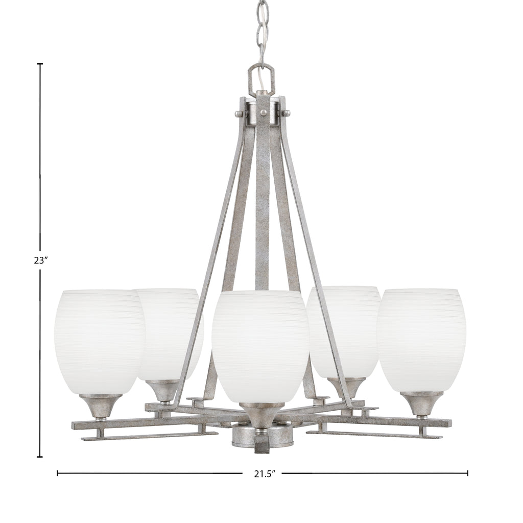 Uptowne Five Light Chandelier in Aged Silver with 5" White Linen Shade