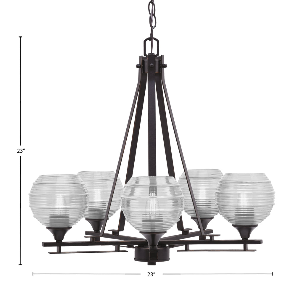 Uptowne Five Light Chandelier in Dark Granite with 6" Clear Ribbed Shade