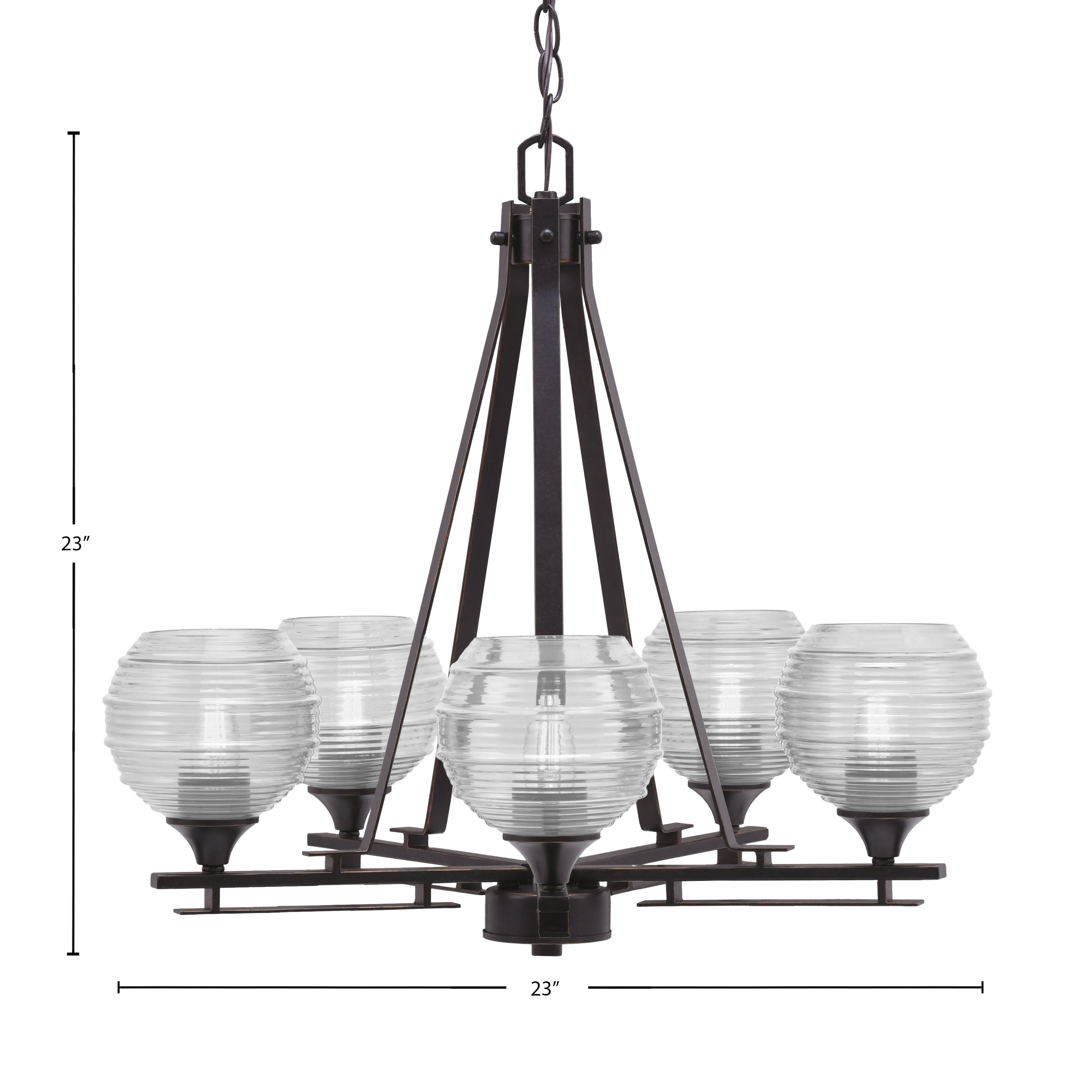 Uptowne Five Light Chandelier in Dark Granite with 6" Clear Ribbed Shade
