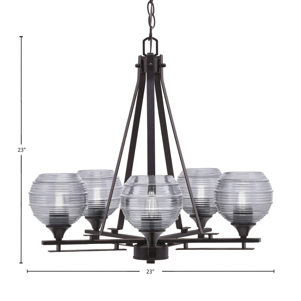 Uptowne Five Light Chandelier in Dark Granite with 6" Smoke Ribbed Shade