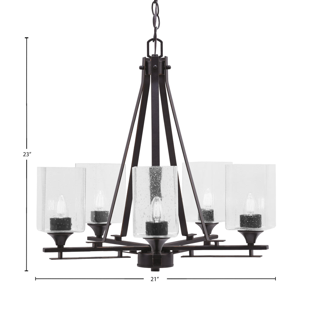 Uptowne Five Light Chandelier in Dark Granite with 4" Square Clear Bubble Shade