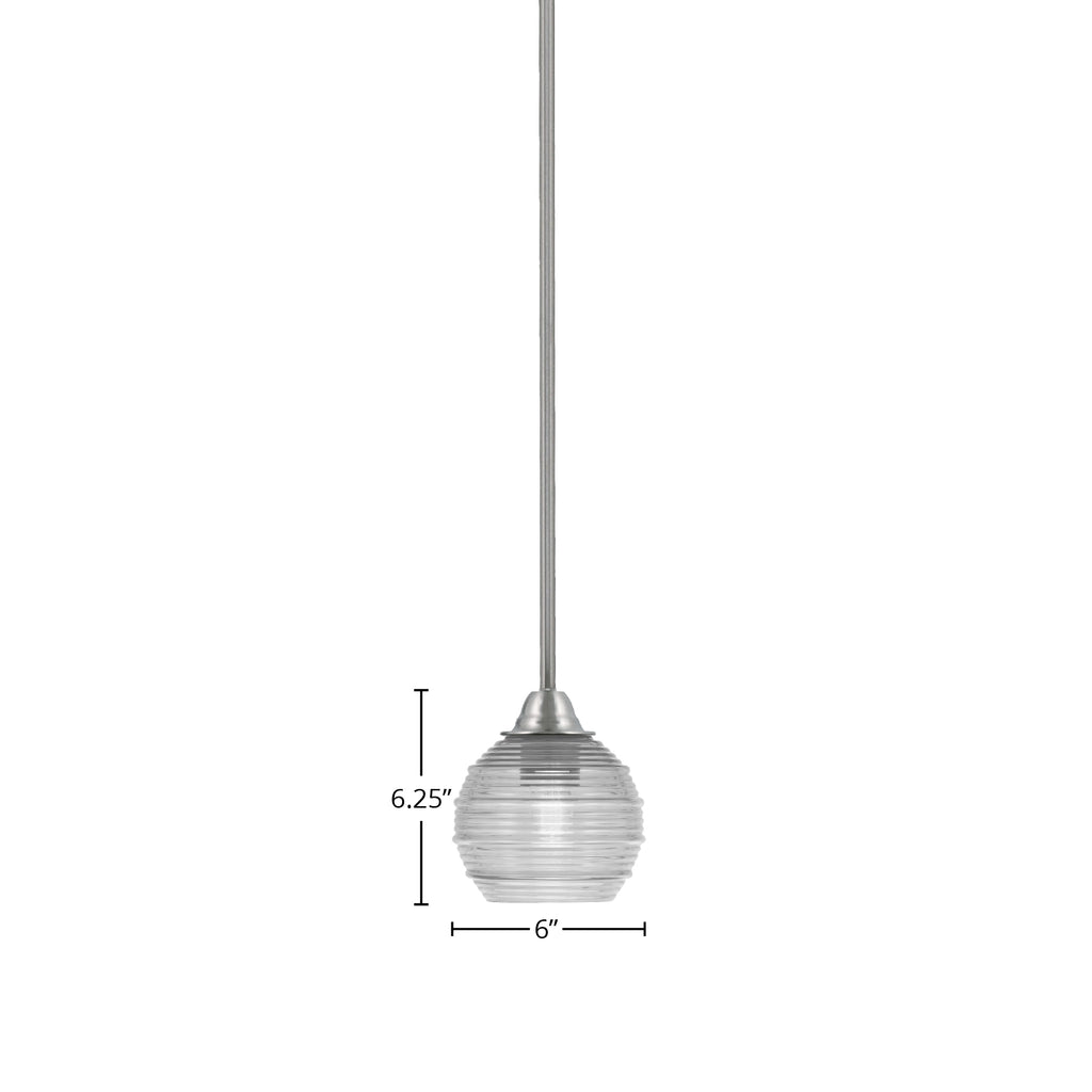 Paramount One Light Mini Pendant in Brushed Nickel with 6" Clear Ribbed Shade