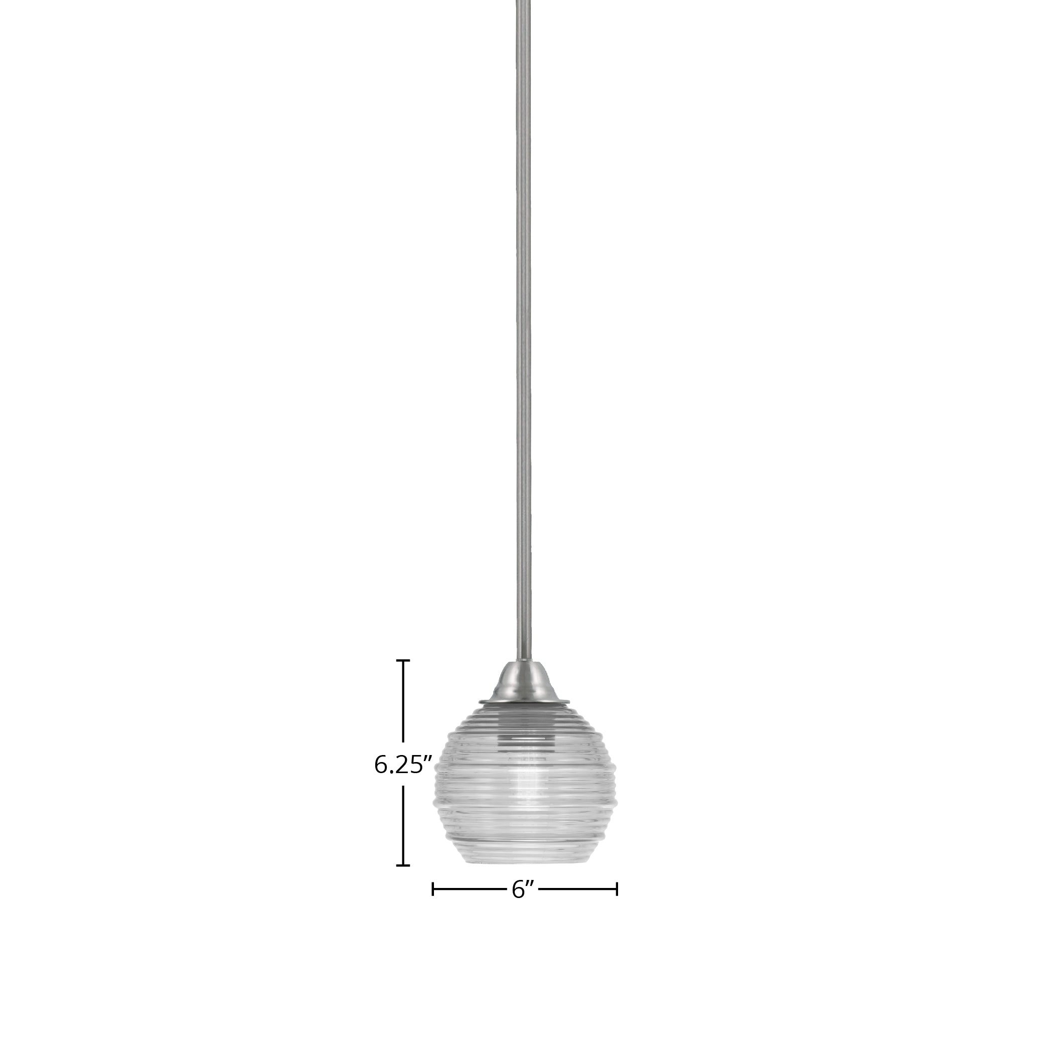 Paramount One Light Mini Pendant in Brushed Nickel with 6" Clear Ribbed Shade