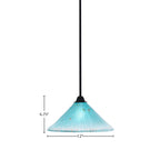 Paramount One Light Mini Pendant in Matte Black with 12" Teal Crystal Shade