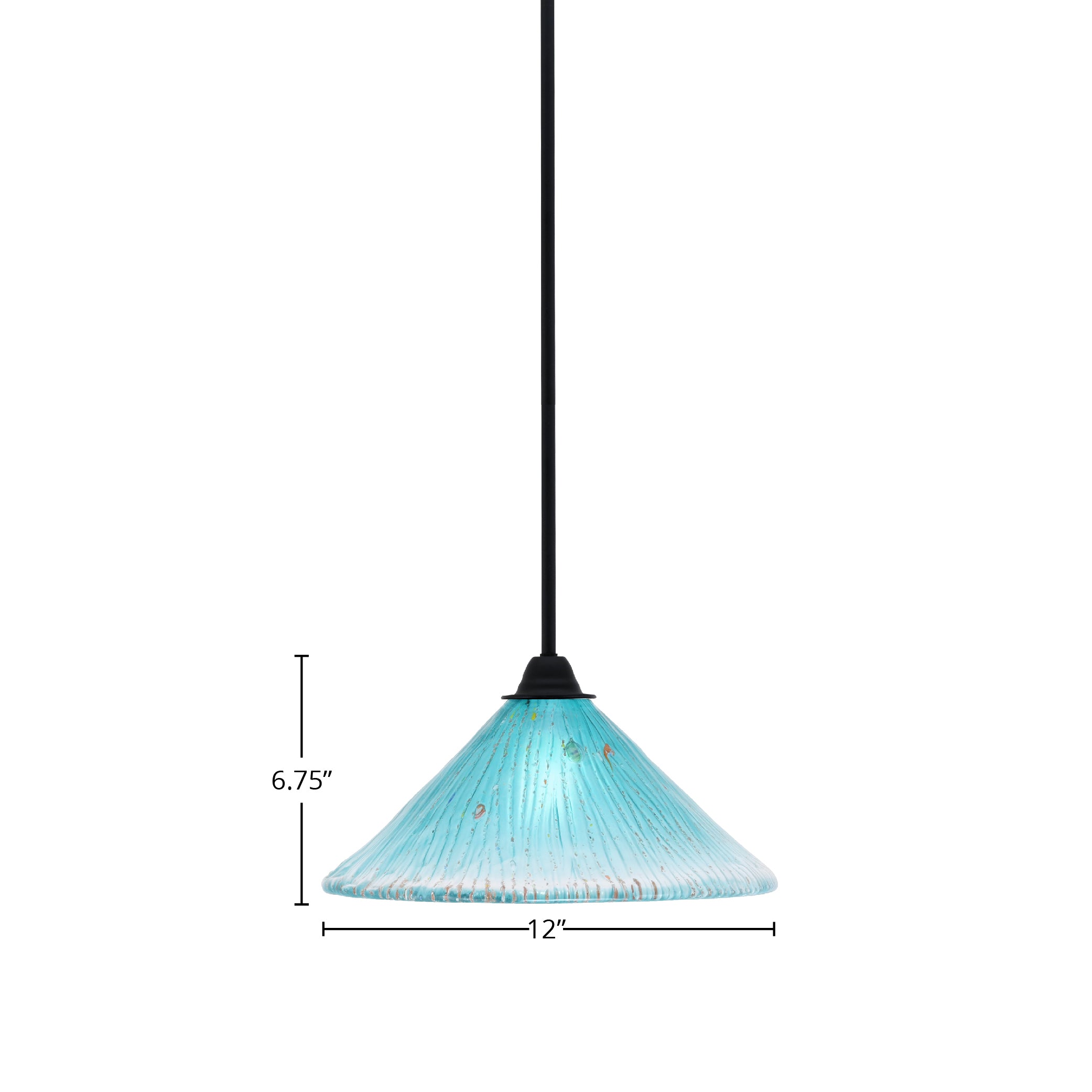 Paramount One Light Mini Pendant in Matte Black with 12" Teal Crystal Shade