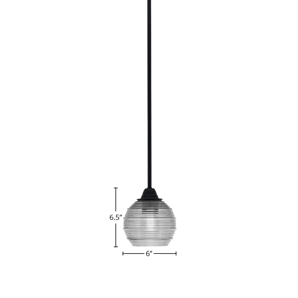 Paramount One Light Mini Pendant in Matte Black with 6" Clear Ribbed Shade