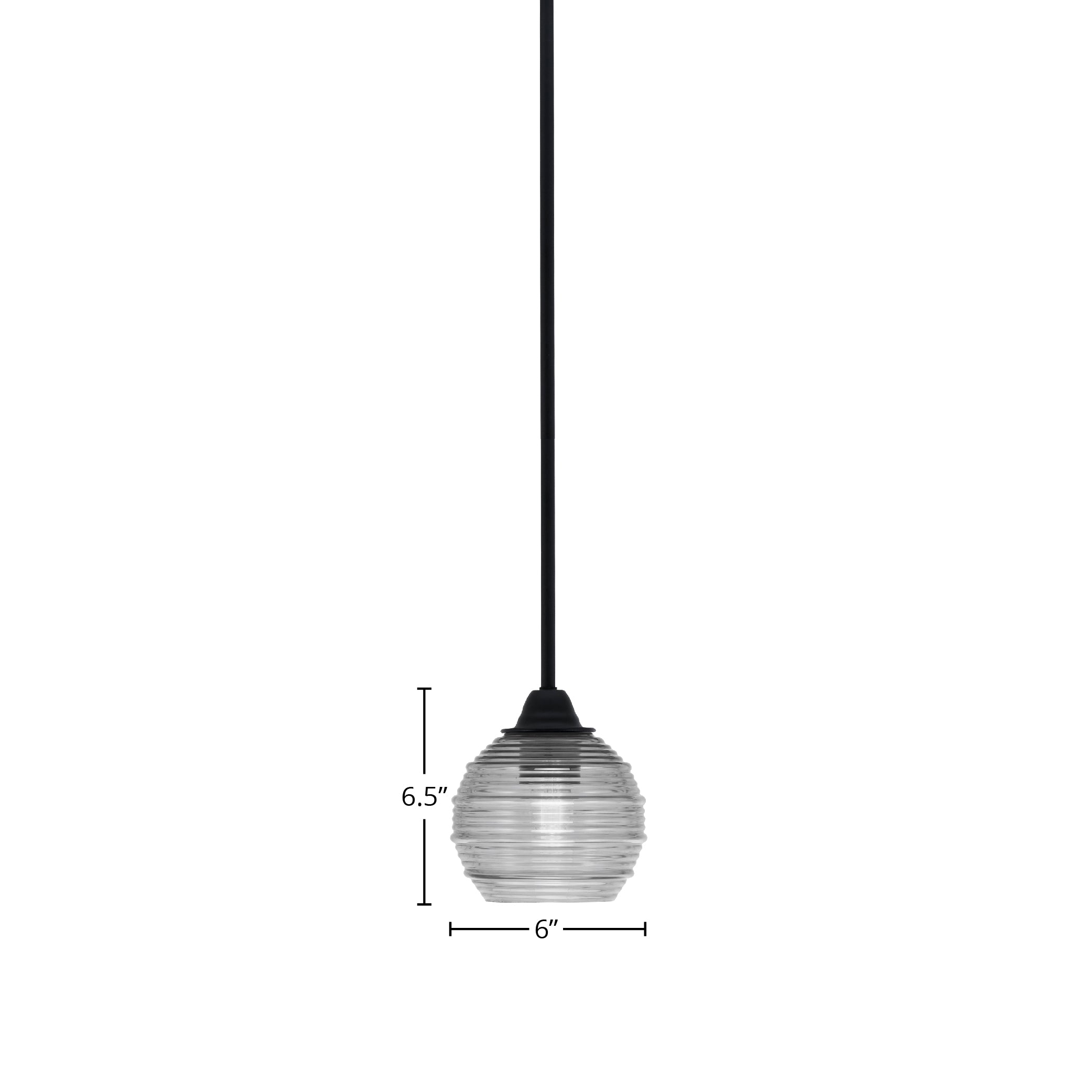 Paramount One Light Mini Pendant in Matte Black with 6" Clear Ribbed Shade