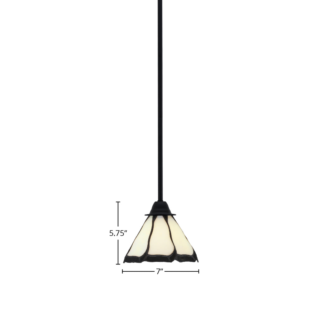 Paramount One Light Mini Pendant in Matte Black with 7" Pearl & Black Flair Art Glass Shade