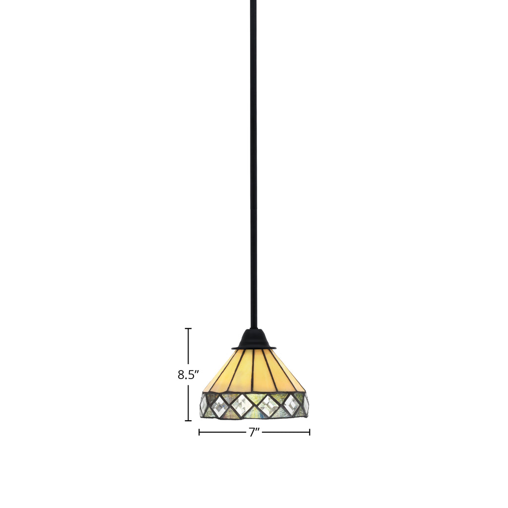 Paramount One Light Mini Pendant in Matte Black with 7" Diamond Peak Art Glass Shade