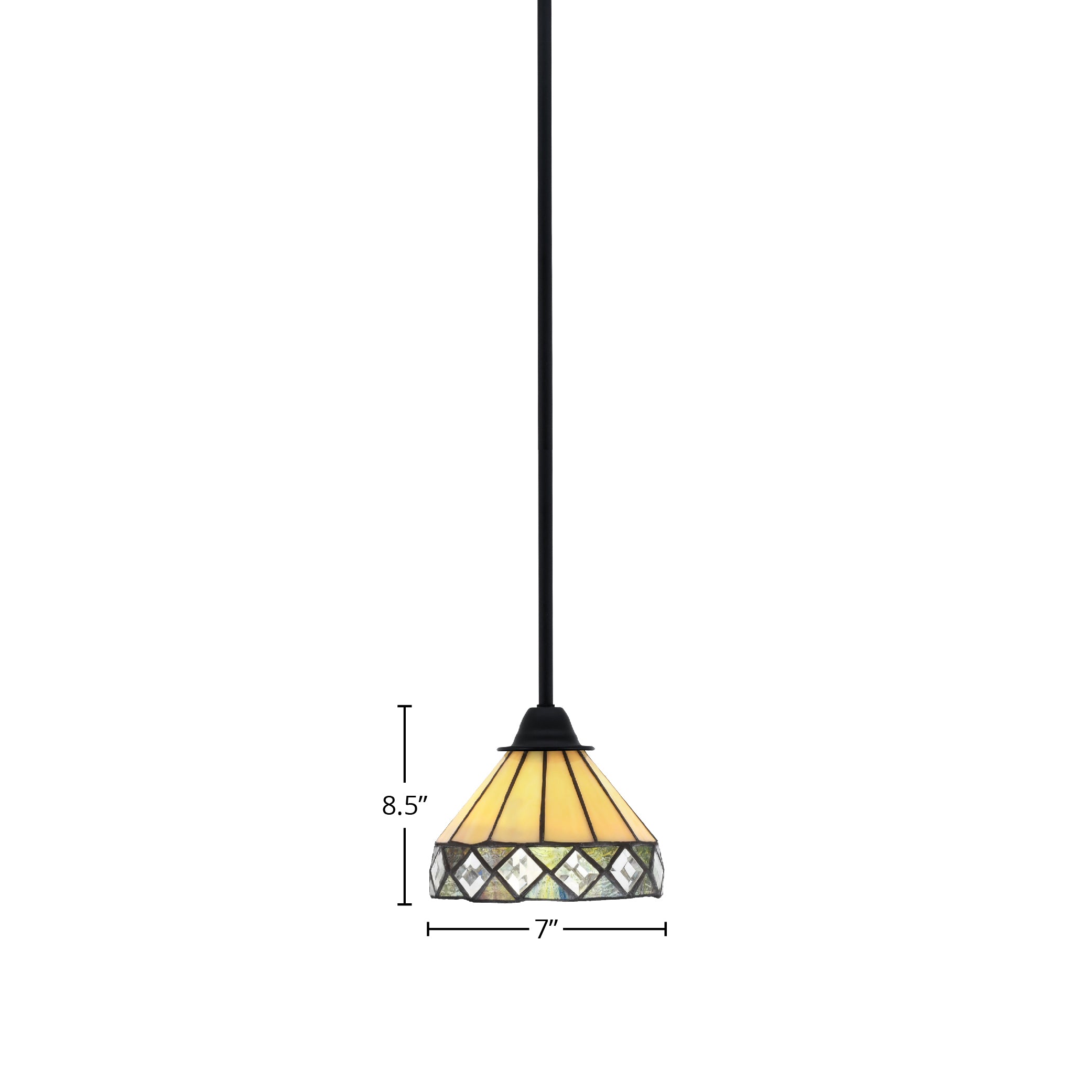 Paramount One Light Mini Pendant in Matte Black with 7" Diamond Peak Art Glass Shade