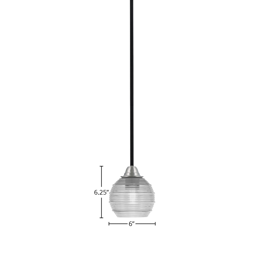 Paramount One Light Mini Pendant in Matte Black & Brushed Nickel with 6" Clear Ribbed Shade