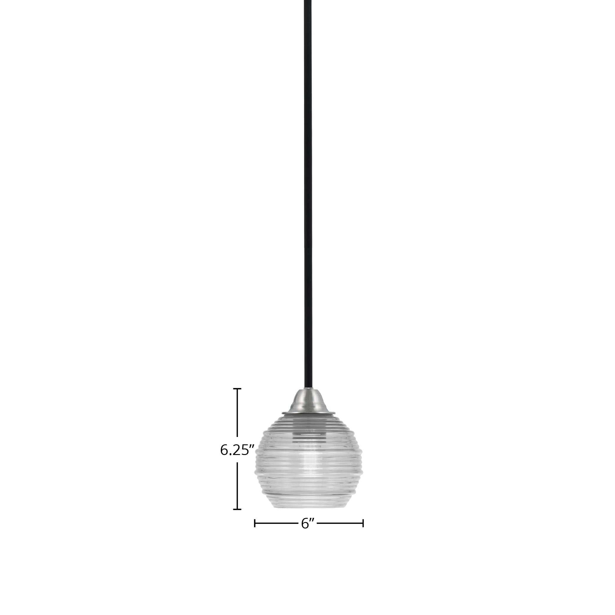 Paramount One Light Mini Pendant in Matte Black & Brushed Nickel with 6" Clear Ribbed Shade