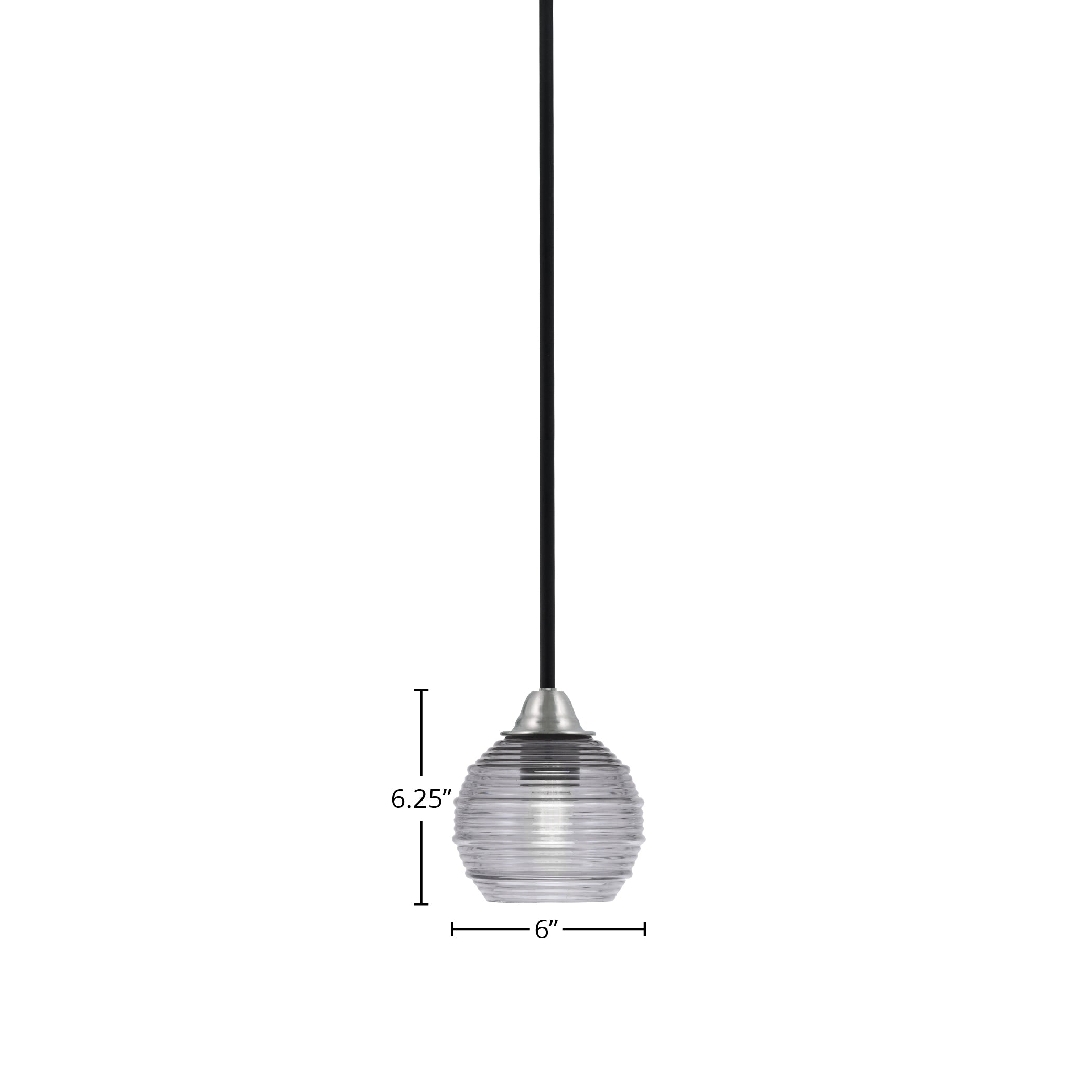Paramount One Light Mini Pendant in Matte Black & Brushed Nickel with 6" Smoke Ribbed Shade
