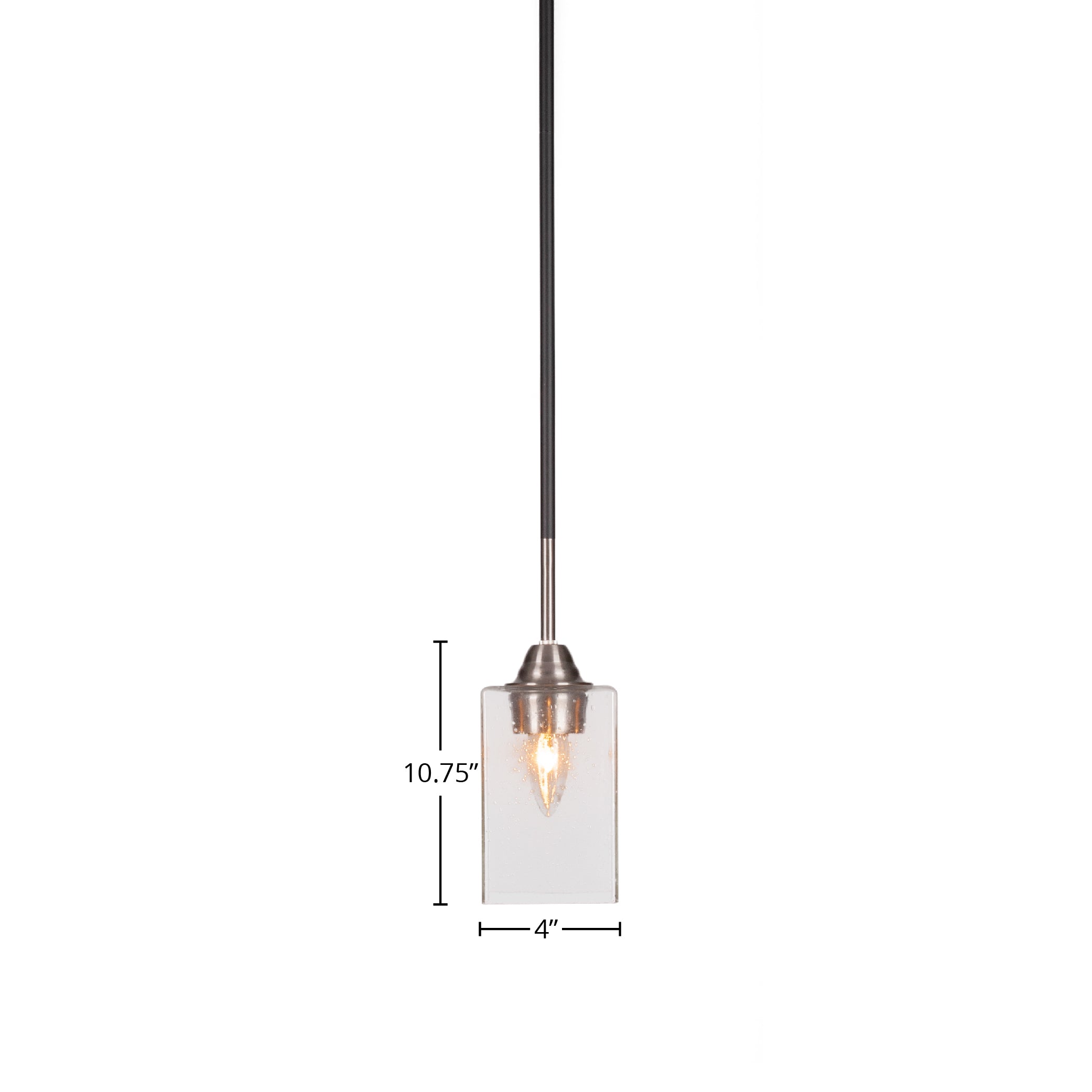 Paramount One Light Mini Pendant in Matte Black & Brushed Nickel with 4" Square Clear Bubble Shade
