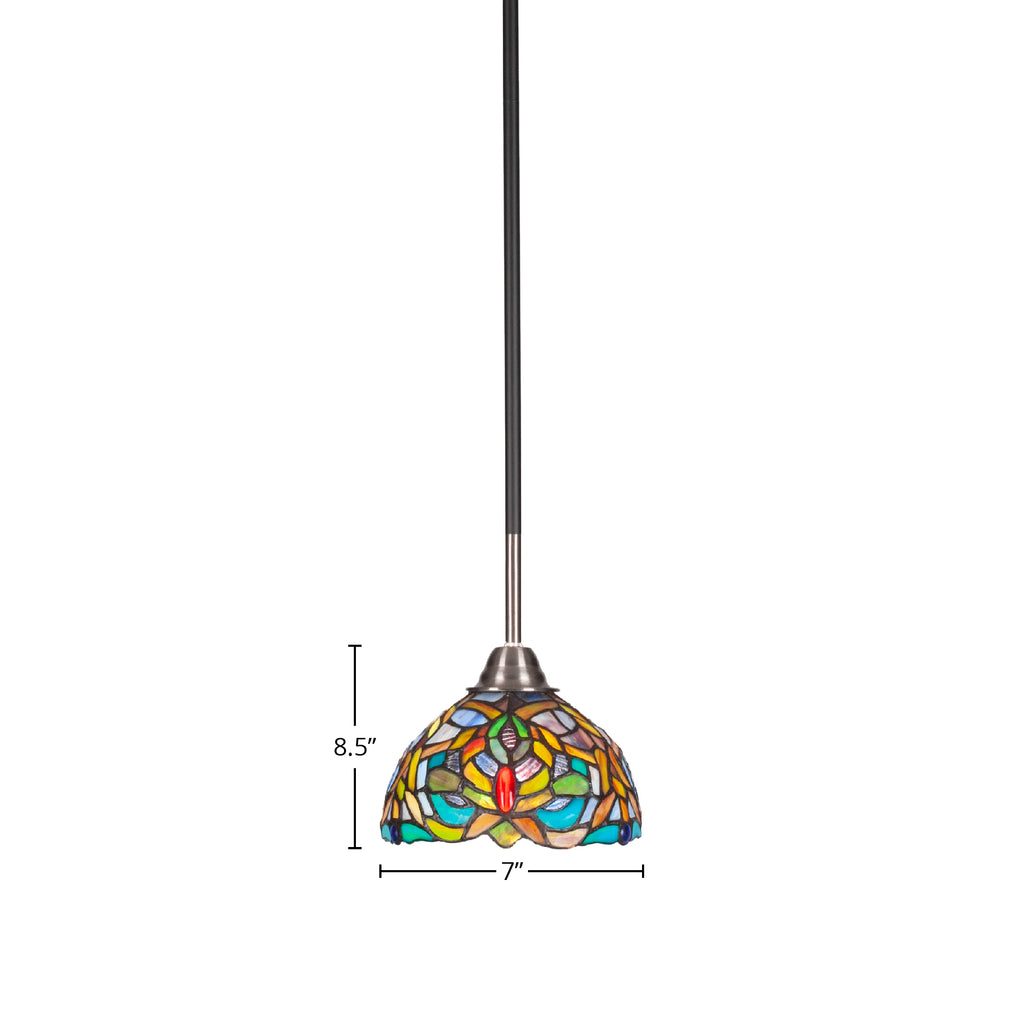 Paramount One Light Mini Pendant in Matte Black & Brushed Nickel with 7" Kaleidoscope Art Glass Shade