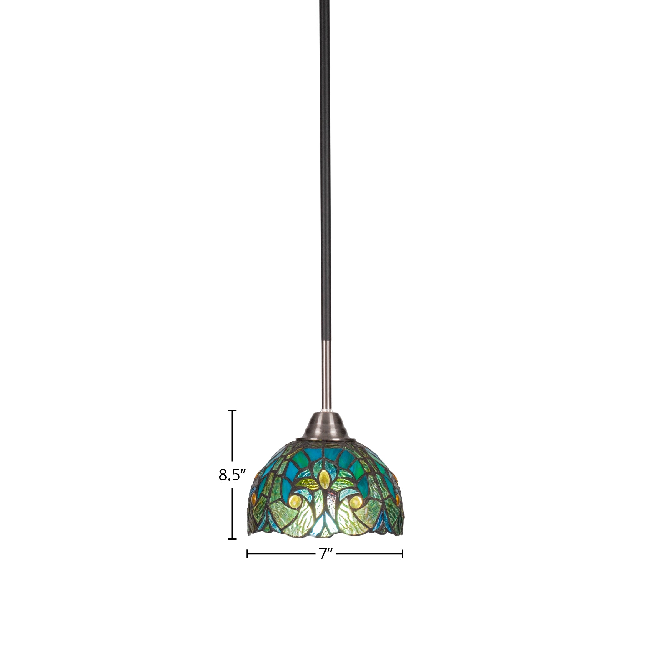 Paramount One Light Mini Pendant in Matte Black & Brushed Nickel with 7" Turquoise Cypress Art Glass Shade