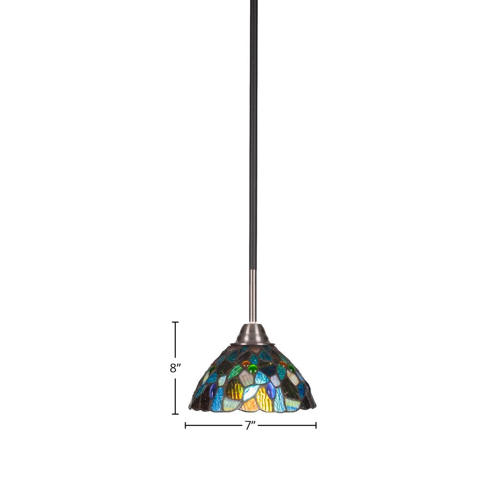 Paramount One Light Mini Pendant in Matte Black & Brushed Nickel with 7" Blue Mosaic Art Glass Shade