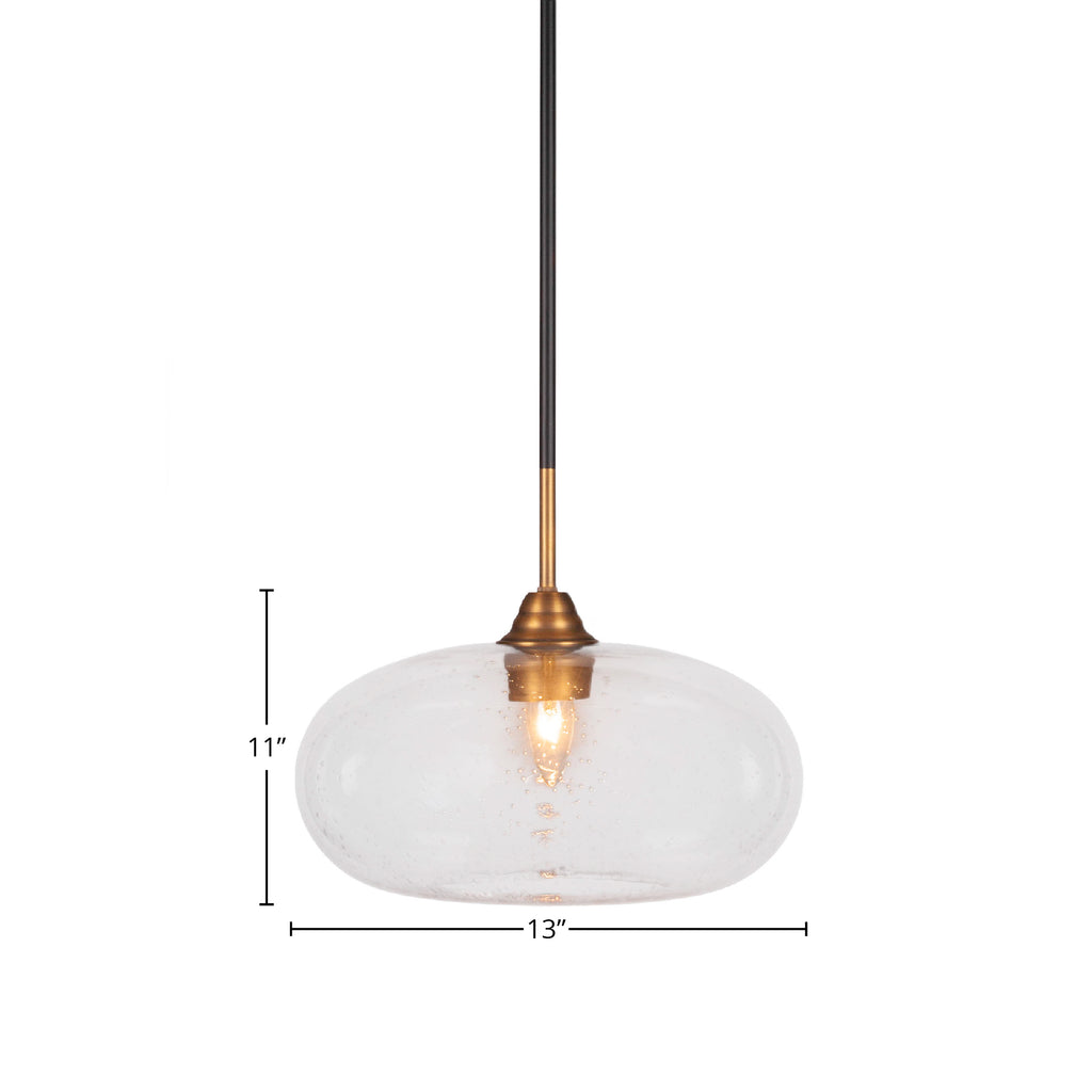 Paramount One Light Pendant in Matte Black & Brass with 13" Clear Bubble Shade