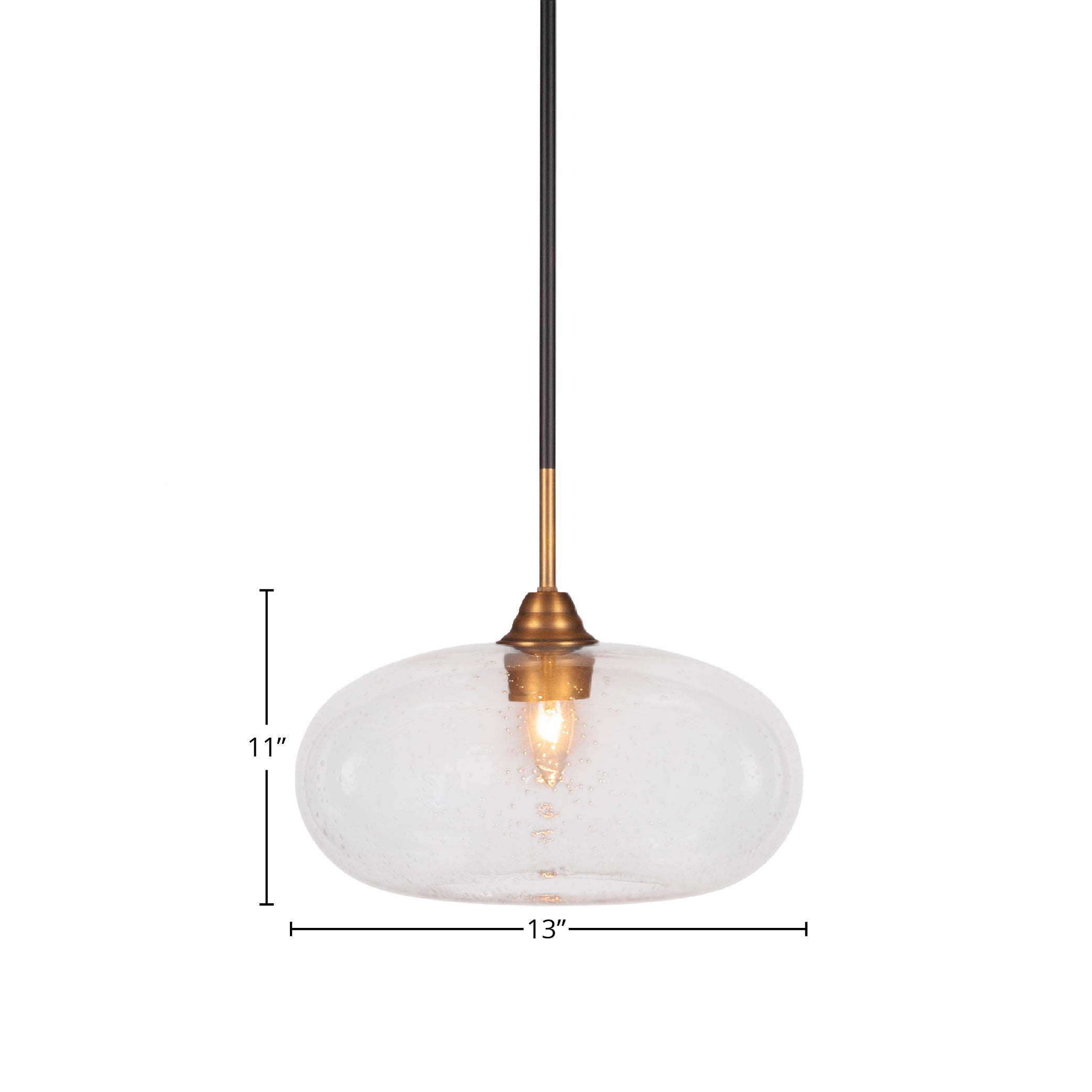 Paramount One Light Pendant in Matte Black & Brass with 13" Clear Bubble Shade