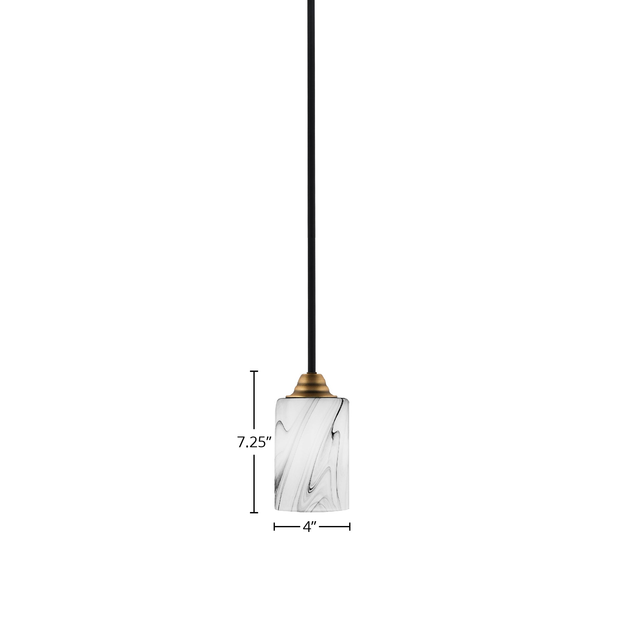 Paramount One Light Mini Pendant in Matte Black & Brass with 4" Onyx Swirl Shade