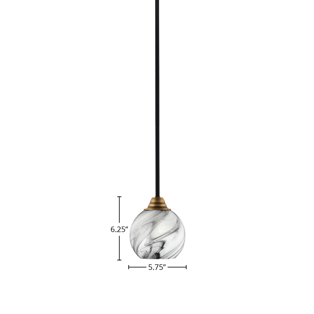 Paramount One Light Mini Pendant in Matte Black & Brass with 5.75" Onyx Swirl Shade