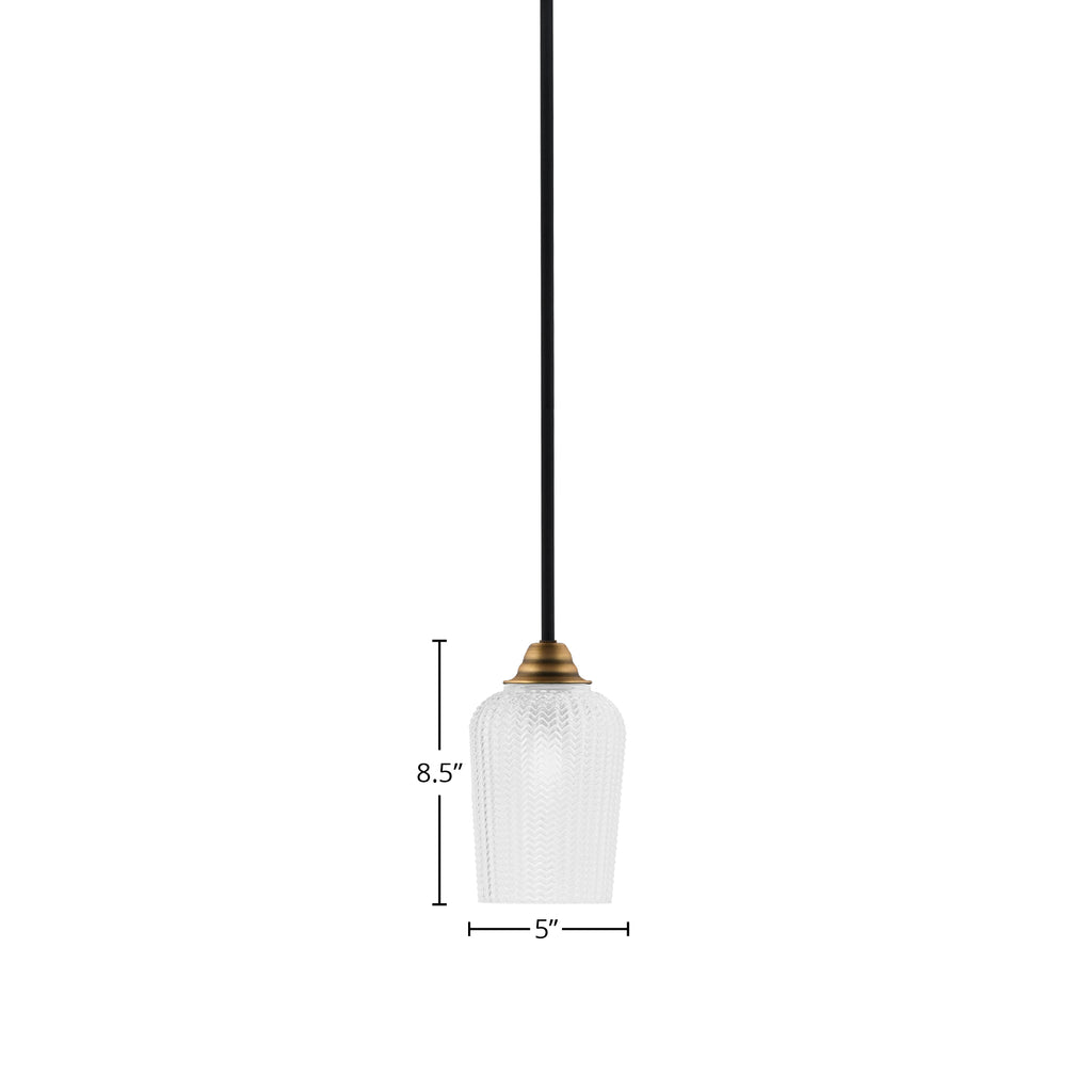 Paramount One Light Mini Pendant in Matte Black & Brass with 5" Clear Textured Shade