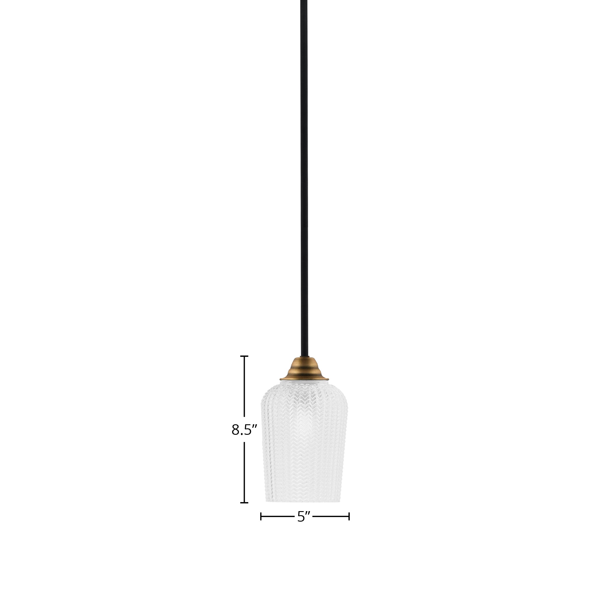 Paramount One Light Mini Pendant in Matte Black & Brass with 5" Clear Textured Shade