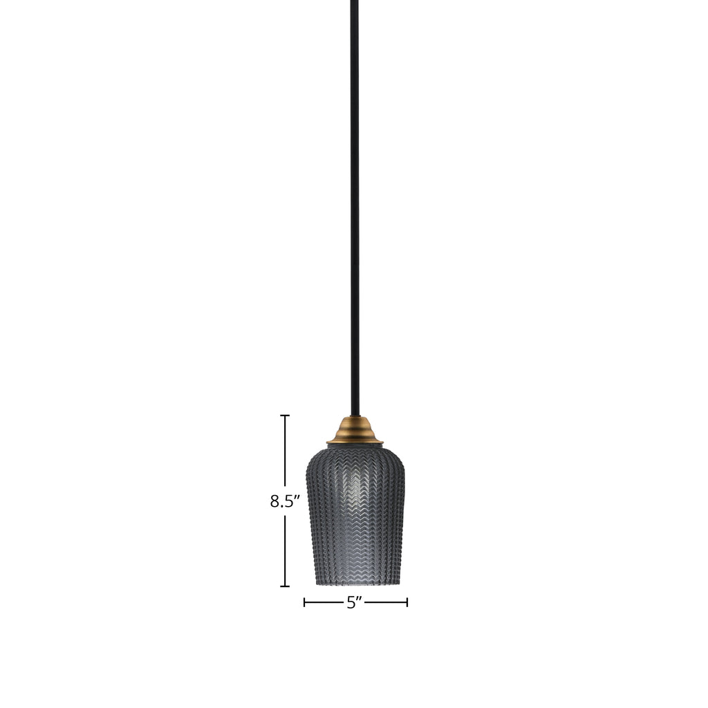 Paramount One Light Mini Pendant in Matte Black & Brass with 5" Smoke Textured Shade
