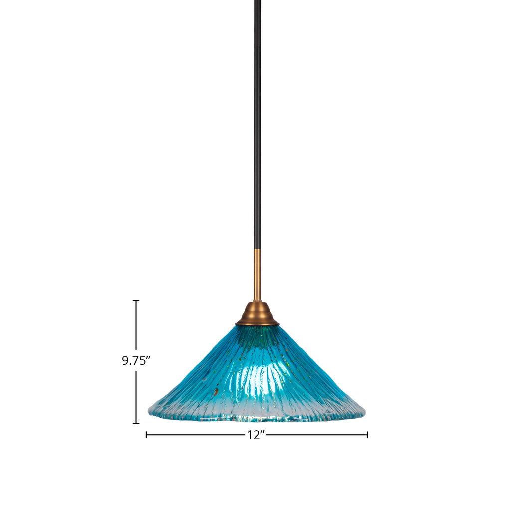 Paramount One Light Pendant in Matte Black & Brass with 12" Teal Crystal Shade