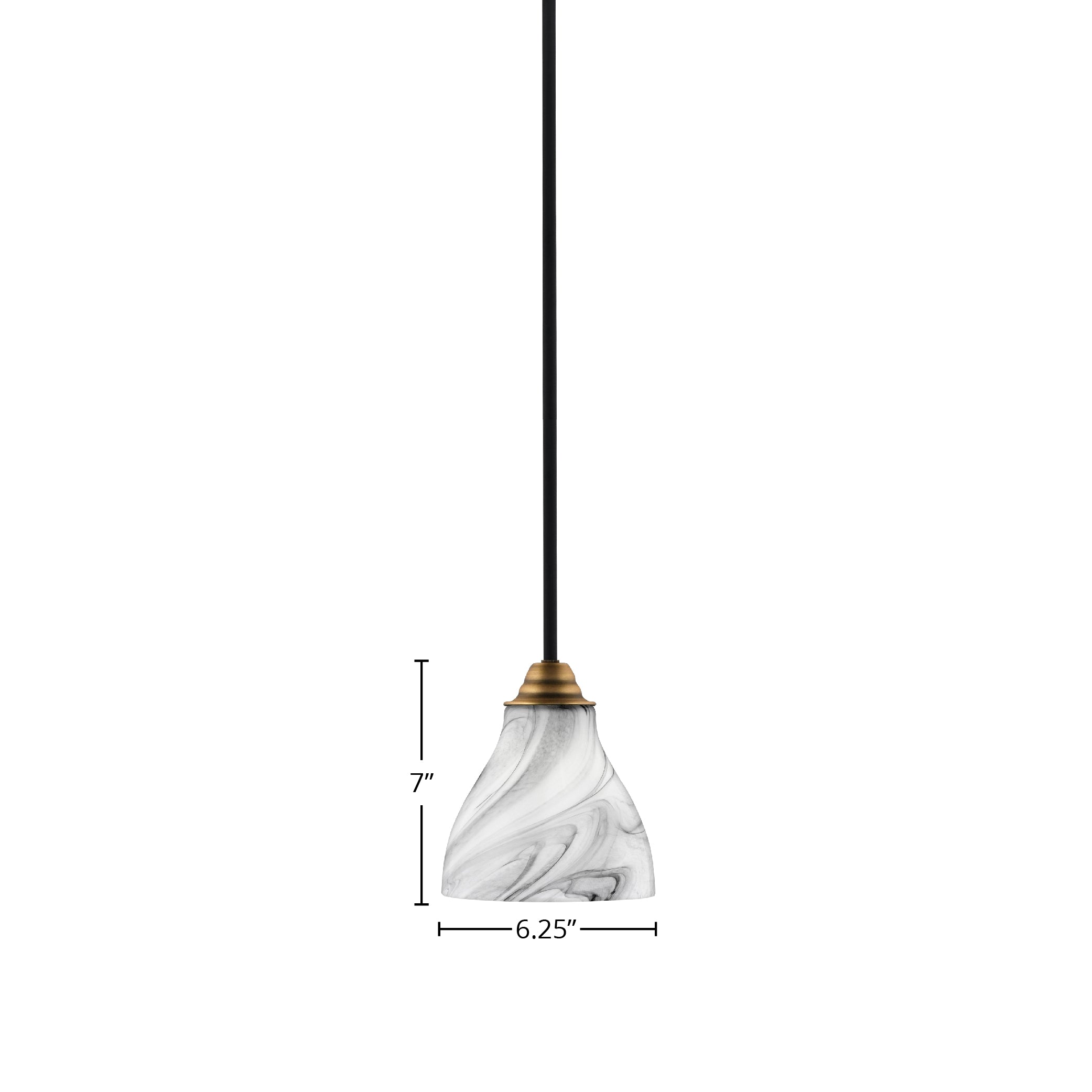 Paramount One Light Mini Pendant in Matte Black & Brass with 6.25" Onyx Swirl Shade