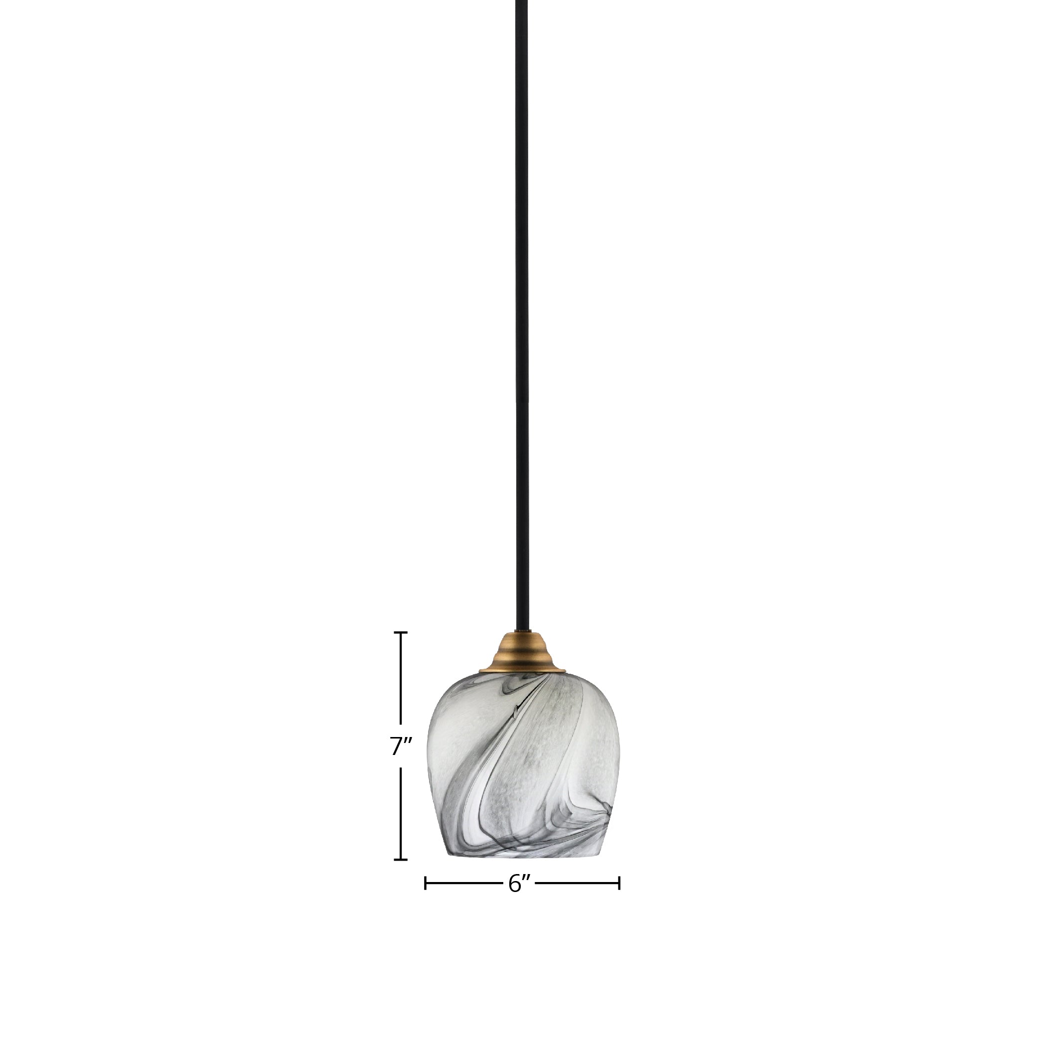 Paramount One Light Mini Pendant in Matte Black & Brass with 6" Onyx Swirl Shade