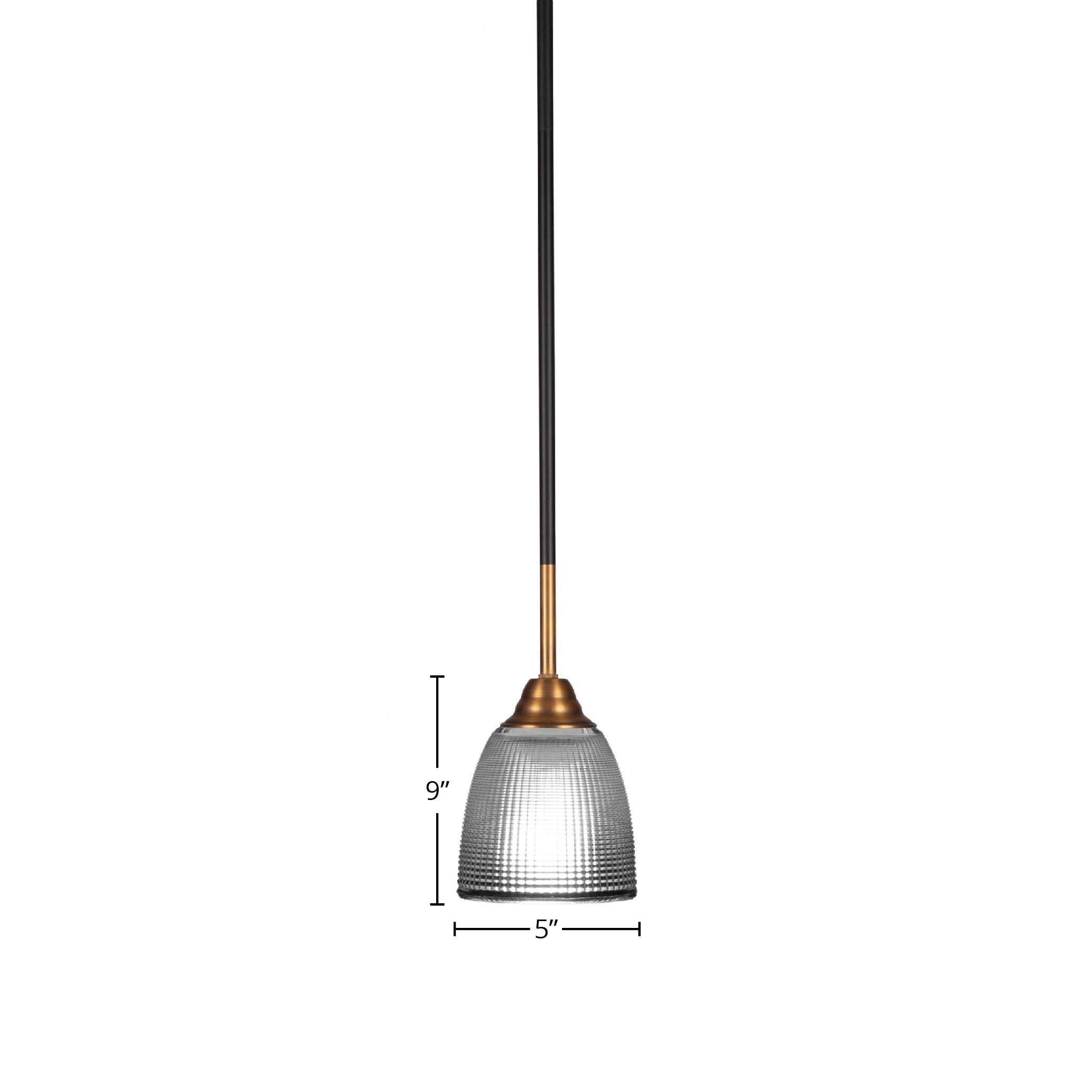 Paramount One Light Mini Pendant in Matte Black & Brass with 5" Clear Ribbed Shade