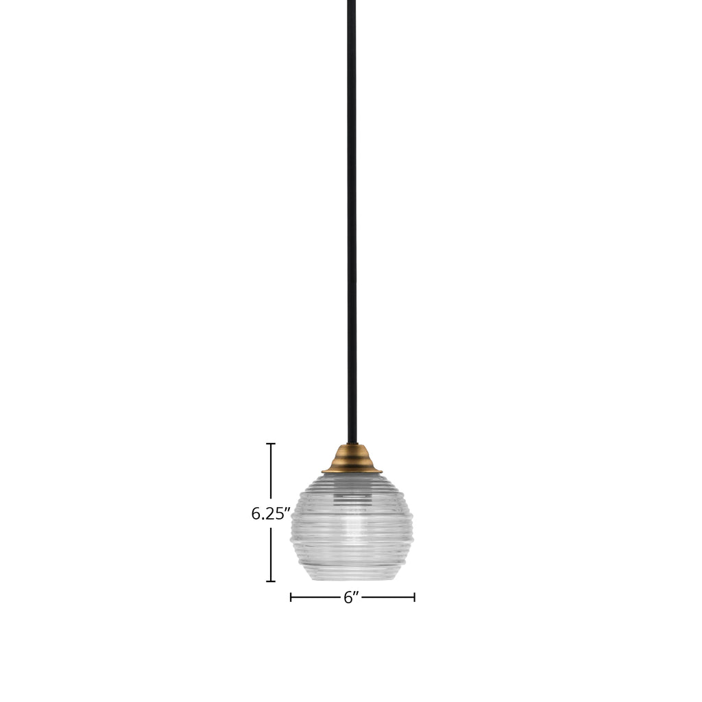 Paramount One Light Mini Pendant in Matte Black & Brass with 6" Clear Ribbed Shade