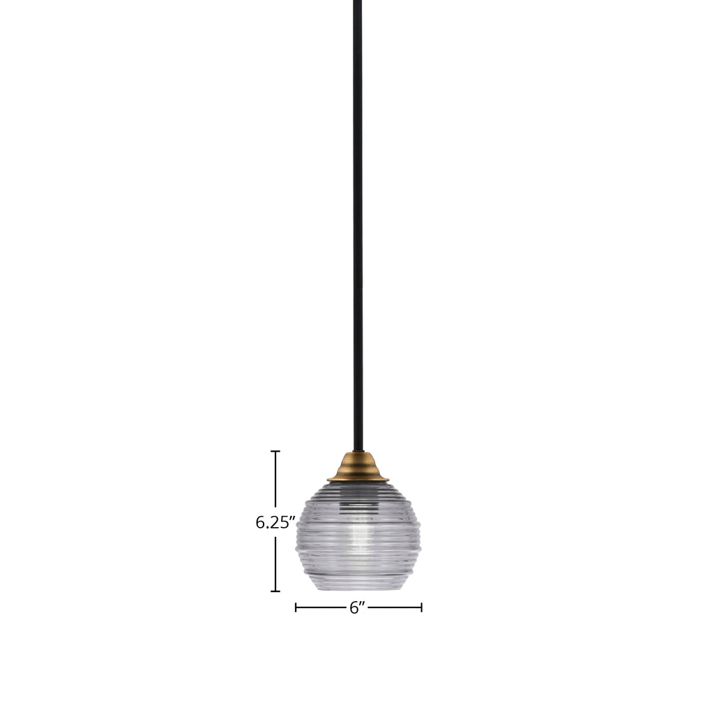 Paramount One Light Mini Pendant in Matte Black & Brass with 6" Smoke Ribbed Shade