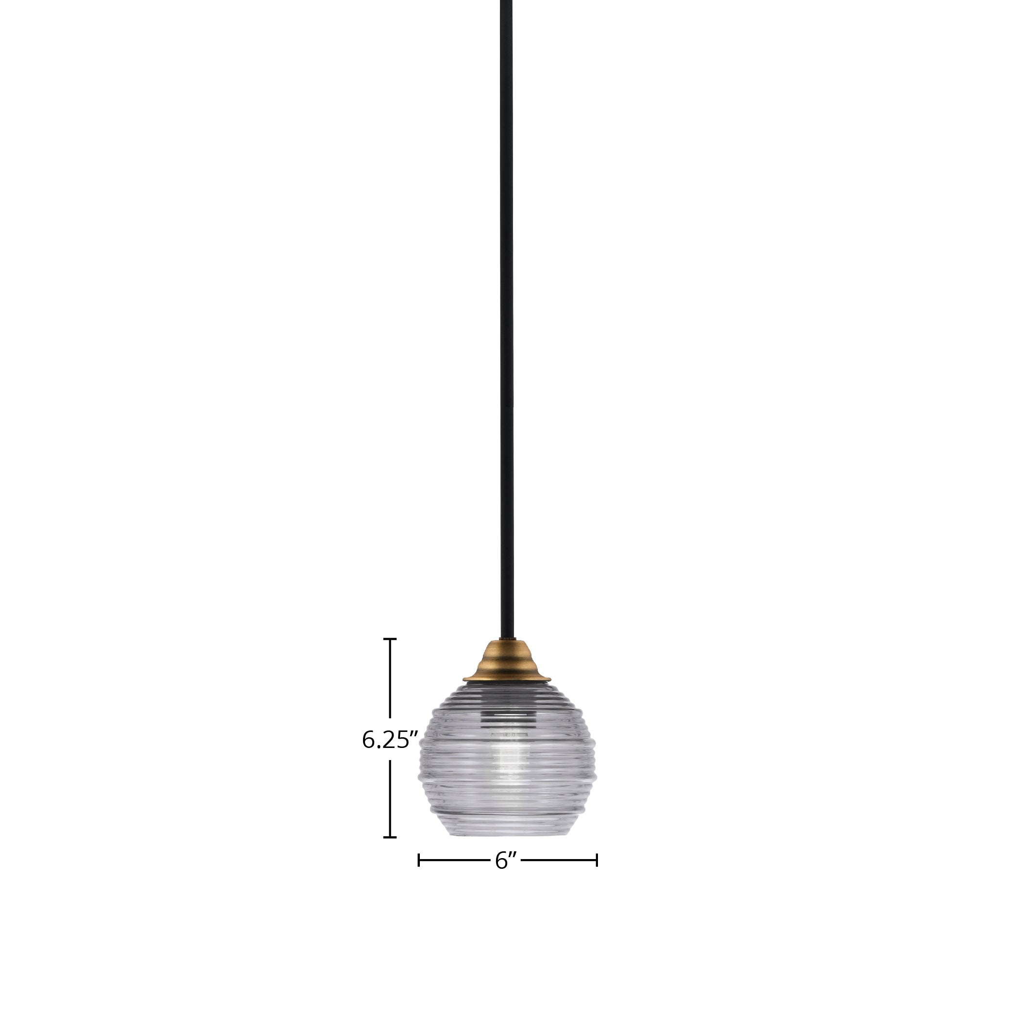 Paramount One Light Mini Pendant in Matte Black & Brass with 6" Smoke Ribbed Shade