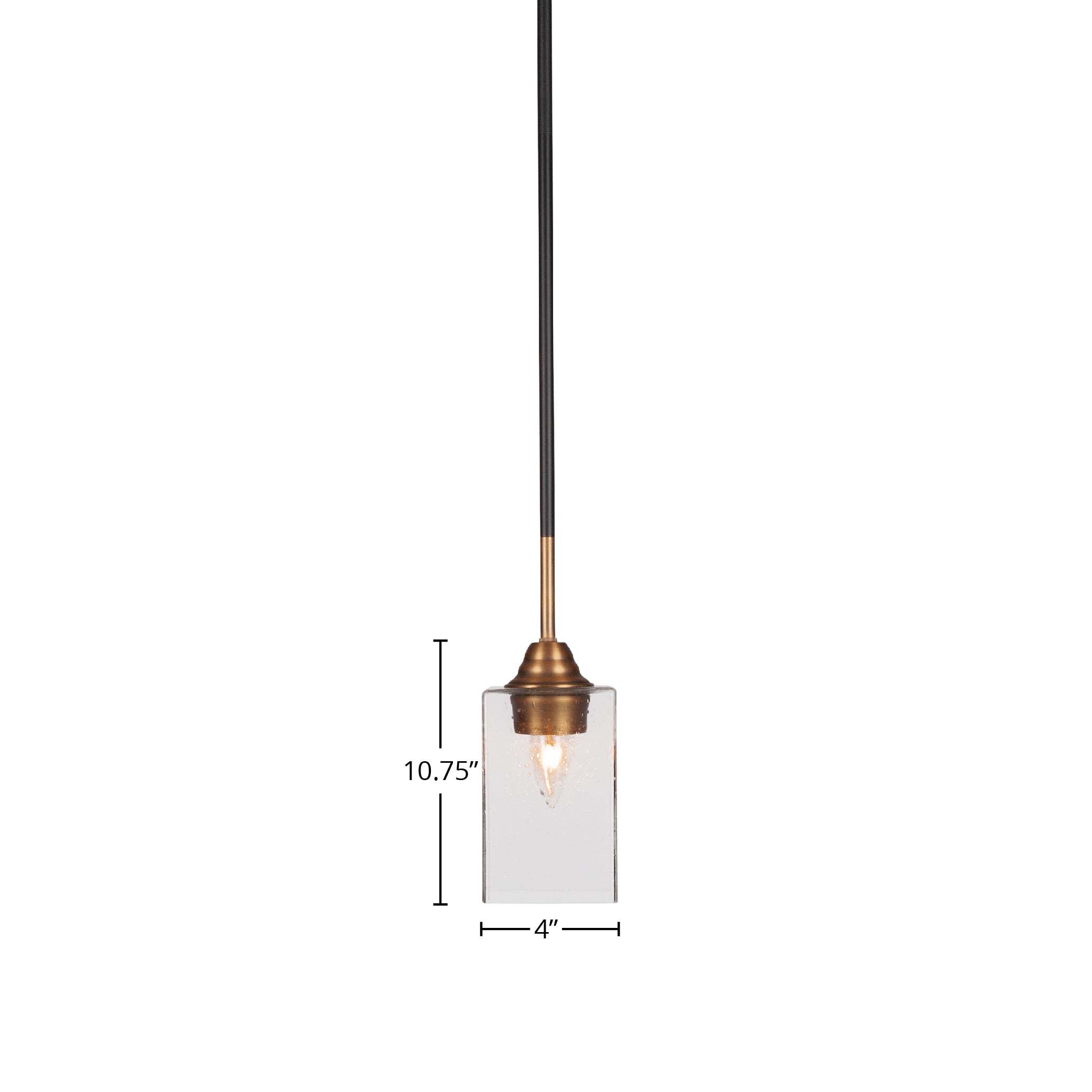Paramount One Light Mini Pendant in Matte Black & Brass with 4" Square Clear Bubble Shade