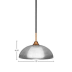 Paramount One Light Pendant in Matte Black & Brass with 13" Clear Ribbed Shade