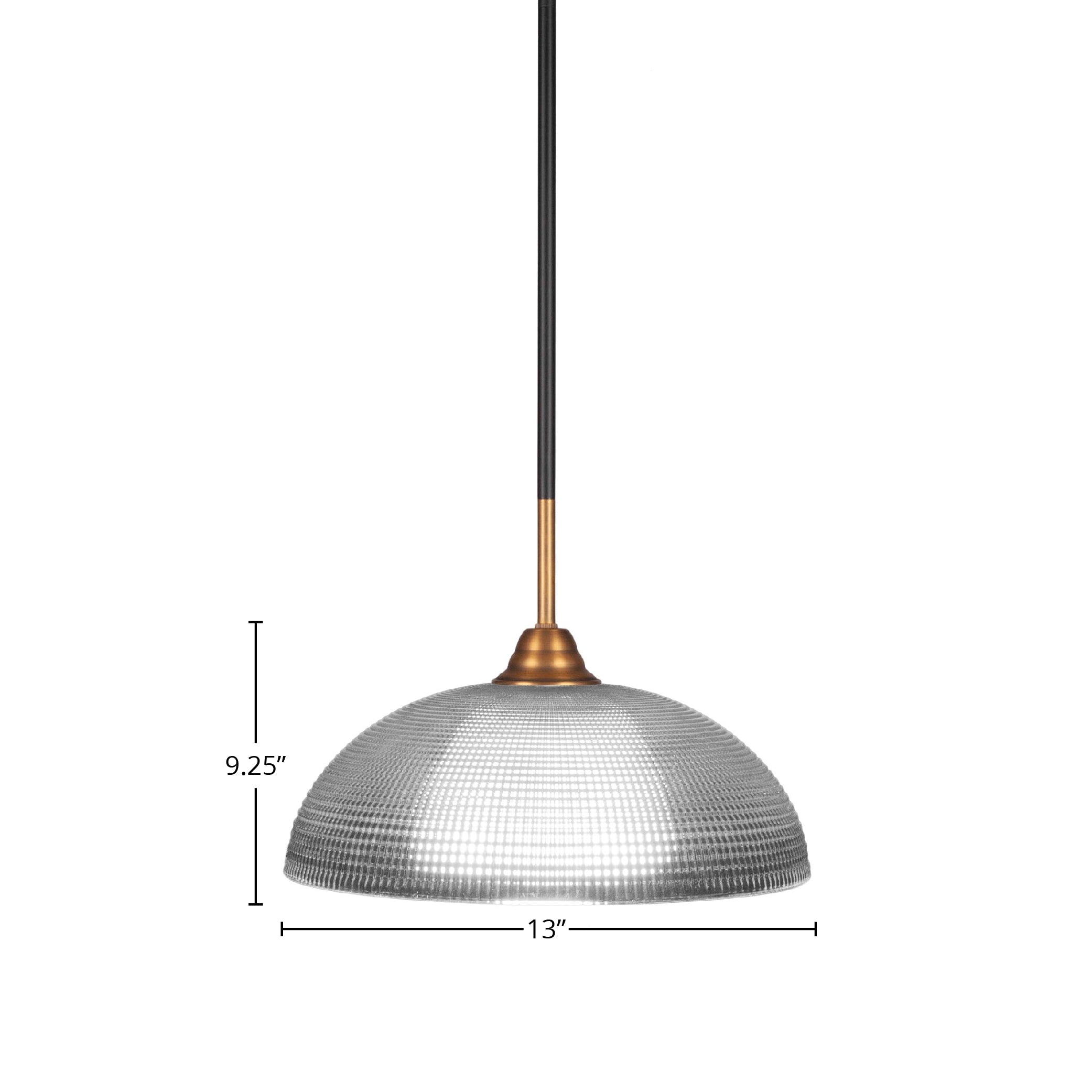 Paramount One Light Pendant in Matte Black & Brass with 13" Clear Ribbed Shade