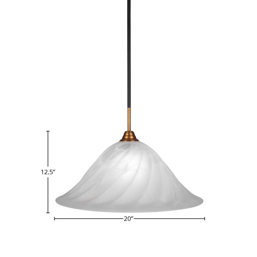 Paramount One Light Pendant in Matte Black & Brass with 20" White Alabaster Swirl Shade
