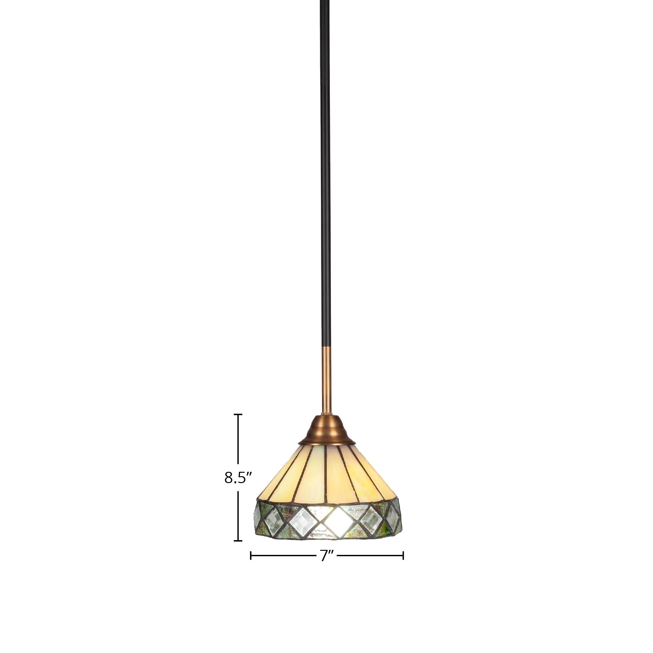 Paramount One Light Mini Pendant in Matte Black & Brass with 7" Diamond Peak Art Glass Shade