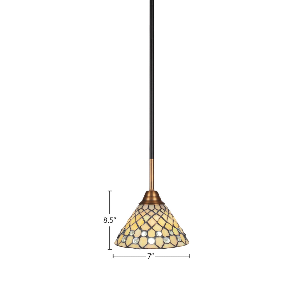 Paramount One Light Mini Pendant in Matte Black & Brass with 7" Starlight Art Glass Shade