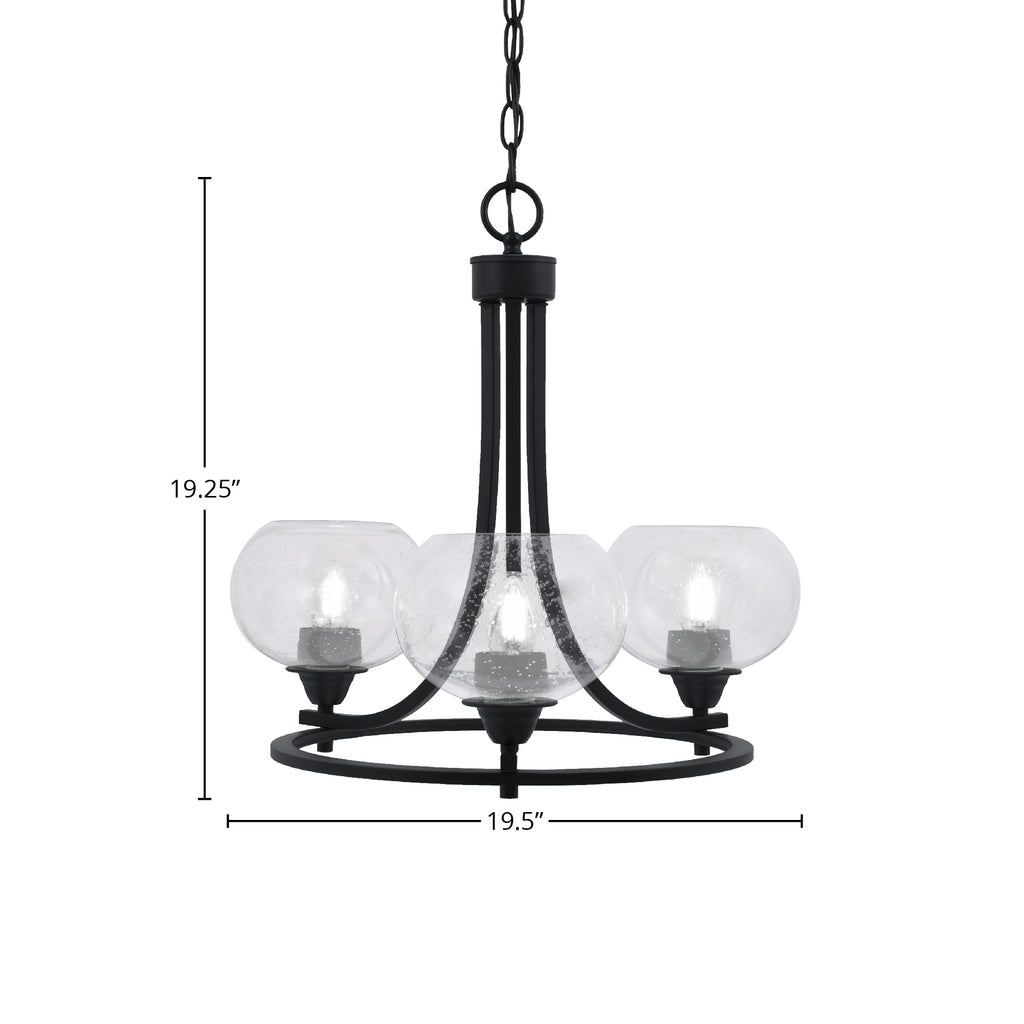 Paramount Three Light Chandelier in Matte Black with 7" Clear Bubble Shade